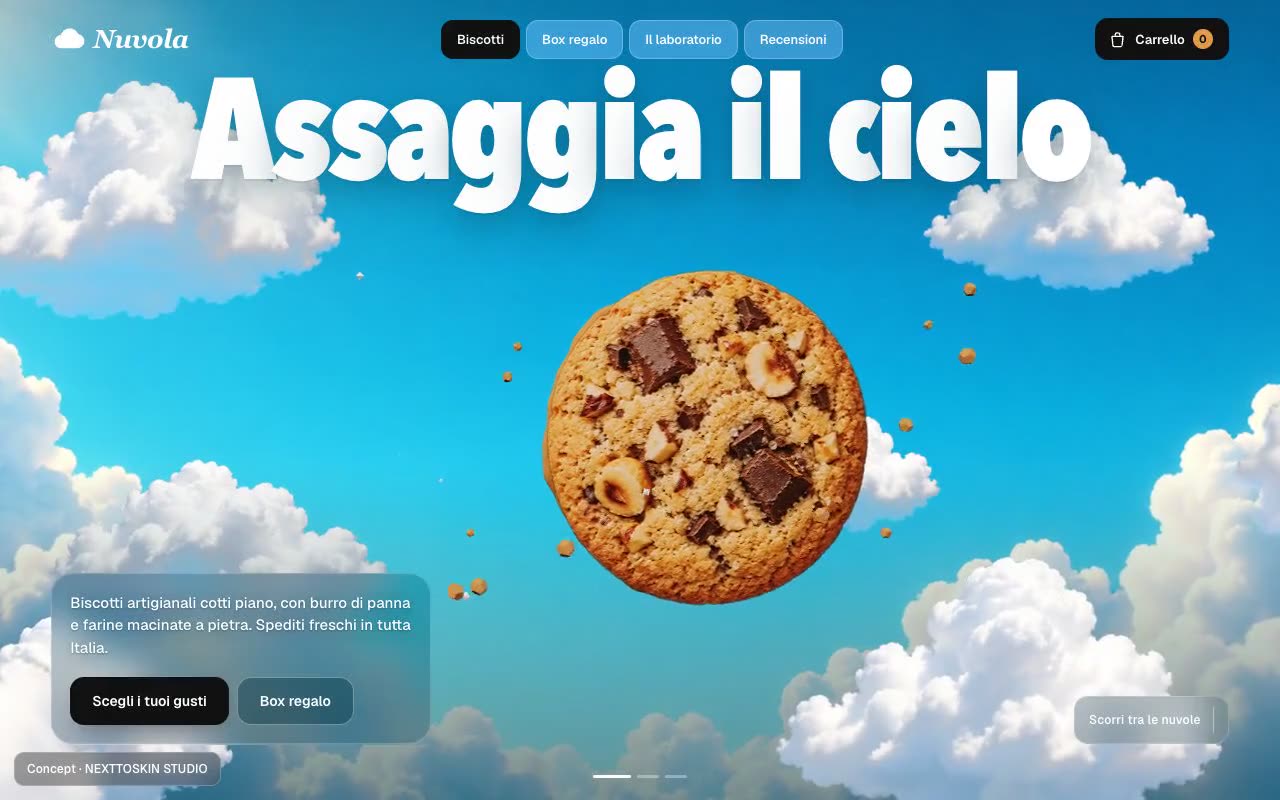 Home page di Nuvola, sito concept per un marchio di biscotti artigianali realizzato da NEXTTOSKIN STUDIO